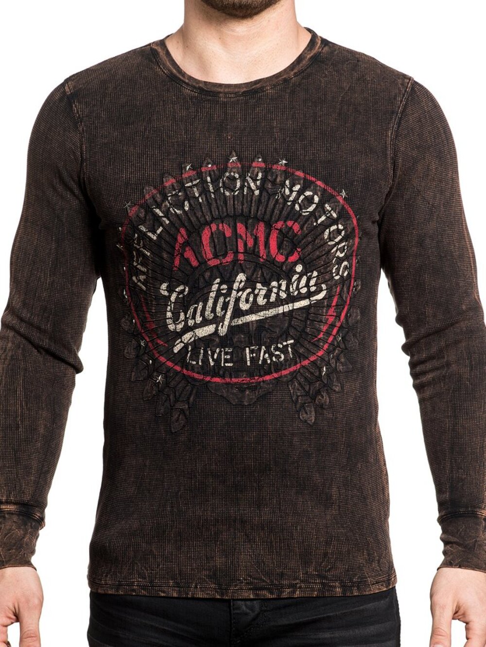 Affliction Screamin Eagle A19417 New Long Sleeve ACMC Brown Fashion Graphic Ther